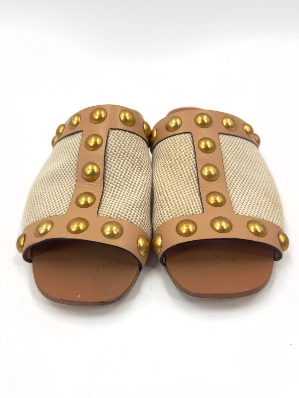 Tory Burch Blythe Slide Sandals Size 6 Neutral Tan Leather Gold Studded Beachy